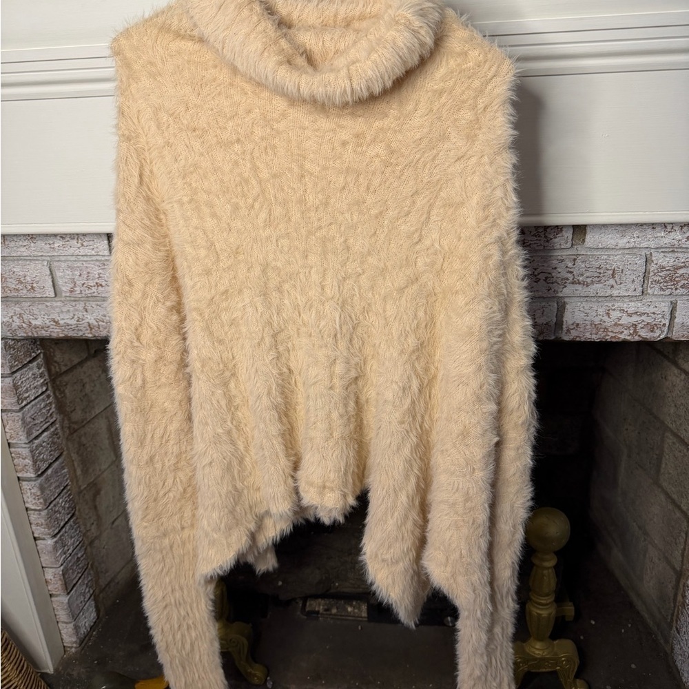 Free People Fuzzy Eyelash Knit Turtleneck Sweater Cream Oversized Cozy